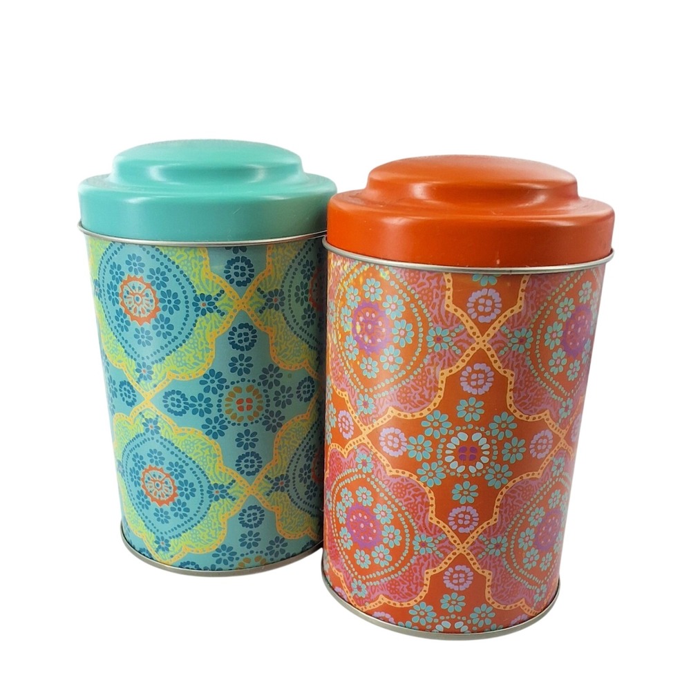 World Market Tea Canister Set of 2 Boho Mandala Floral Metal Tins Orange Teal